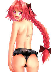 Rule 34 | 1boy, ass, astolfo (fate), bare shoulders, bikini, bow, braid, fang, fate/apocrypha, fate/grand order, fate (series), from behind, hair bow, kagerou (kageroukan), long hair, looking at viewer, looking back, male focus, open mouth, pink eyes, pink hair, shiny skin, single braid, smile, solo, swimsuit, trap, very long hair