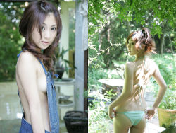 Rule 34 | bikini, breasts, no shirt, overalls, photo (medium), side-tie bikini bottom, sideboob, swimsuit, tatsumi natsuko