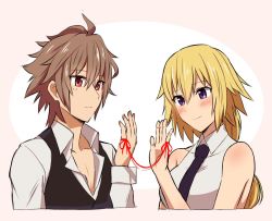 Rule 34 | 1boy, 1girl, ahoge, bad id, bad twitter id, blonde hair, blush, braid, commentary, couple, fate/apocrypha, fate/grand order, fate (series), from side, hetero, jeanne d&#039;arc (fate), jeanne d&#039;arc (ruler) (fate), long braid, long hair, long sleeves, necktie, nyorotono, open clothes, pink background, purple eyes, purple neckwear, red eyes, shirt, short hair, sieg (fate), simple background, single braid, sleeveless, sleeveless shirt, string, string of fate, very long hair, waistcoat, white shirt
