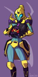 Rule 34 | 1girl, armor, autobot, blue eyes, bug, colored skin, elita one, fluffy, green skin, highres, humanoid robot, panties, robot, spider, transformers, transformers animated, underwear, volverseloco, yellow panties