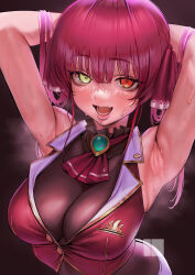 Rule 34 | 1girl, absurdres, armpits, arms behind head, arms up, ascot, black leotard, blush, breasts, brooch, cleavage, fang, heterochromia, highres, hololive, houshou marine, houshou marine (1st costume), jewelry, large breasts, leotard, leotard under clothes, long hair, looking at viewer, nanja, open mouth, pink hair, red ascot, red eyes, skin fang, sleeveless, sleeveless jacket, smile, solo, steaming body, sweat, upper body, virtual youtuber, yellow eyes