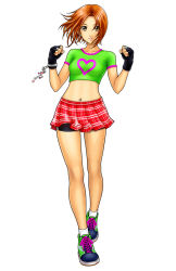 Rule 34 | 1girl, babydoll t-shirt, bike shorts, brown eyes, brown hair, character request, fingerless gloves, gloves, green shirt, legs, midriff, moe habana, navel, navel piercing, piercing, shirt, short hair, simple background, skirt, snk, solo, the king of fighters, white background, yan fei toketsu