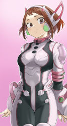 Rule 34 | 1girl, absurdres, arms at sides, black bodysuit, blush stickers, bob cut, bodysuit, boku no hero academia, breasts, brown hair, closed mouth, commentary, cowboy shot, fengling (furin-jp), gradient background, helmet, highres, light frown, looking at viewer, medium breasts, pink background, pink bodysuit, purple eyes, short bangs, short eyebrows, short hair, sidelocks, simple background, solo, standing, thigh gap, uraraka ochako