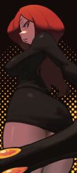 Rule 34 | 1girl, absurdres, ass, black background, breasts, dotted background, frown, hair over one eye, highres, krieg (skullgirls), large breasts, lips, long hair, looking back, looking down, parasoul (skullgirls), piku184, red hair, skirt, skullgirls, solo, thick thighs, thighs, umbrella, yellow background
