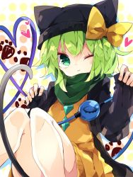 Rule 34 | 1girl, :3, alternate costume, animal ears, animal hat, black hat, black jacket, bow, buttons, cat ears, cat hat, cat tail, closed mouth, commentary, diamond button, green eyes, green hair, green scarf, hair between eyes, hat, hat bow, heart, heart of string, highres, jacket, kemonomimi mode, komeiji koishi, long sleeves, looking at viewer, nikorashi-ka, one-hour drawing challenge, one eye closed, open clothes, open jacket, paw print, scarf, shirt, short hair, solo, tail, third eye, touhou, yellow bow, yellow shirt