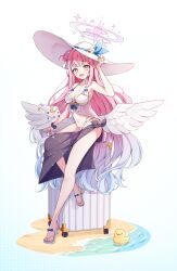 Rule 34 | 1girl, absurdres, angel wings, bare arms, bare legs, bare shoulders, beach, bikini, blue archive, blush, breasts, cleavage, crescent, crescent pin, feathered wings, gyeou lee, hair bun, halo, hat, highres, large breasts, long hair, mika (blue archive), navel, ocean, open mouth, pink hair, pink halo, rubber duck, sandals, single side bun, smile, solo, suitcase, swimsuit, toes, water, white bikini, white hat, white wings, wings, yellow eyes