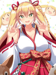 Rule 34 | .live, 1girl, :d, bare shoulders, blonde hair, blush, braid, breasts, collarbone, detached sleeves, double v, green eyes, hair between eyes, hair ribbon, heart, heart-shaped pupils, highres, japanese clothes, kongou iroha, large breasts, long hair, long sleeves, looking at viewer, miko, okapixi, open mouth, pleated skirt, red ribbon, red skirt, ribbon, ribbon-trimmed sleeves, ribbon trim, sash, side braid, skirt, smile, solo, symbol-shaped pupils, twintails, v, virtual youtuber, wide sleeves