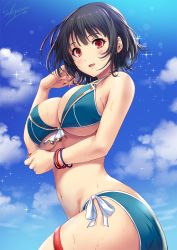 Rule 34 | 1girl, adapted costume, artist name, ass, bikini, black hair, blue bikini, blush, breasts, cloud, commentary request, day, from side, front-tie bra, hand on own cheek, hand on own face, highres, kantai collection, large breasts, lips, looking at viewer, messy hair, nail, nail polish, open mouth, outdoors, red eyes, red nails, sakiyamama, short hair, side-tie bikini bottom, sideboob, sky, solo, sparkle, swimsuit, takao (kancolle), twisted torso, underboob, upper body, wet, wet clothes