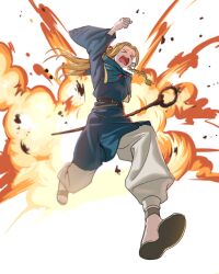 Rule 34 | &gt; &lt;, 1girl, 5670srpp, blonde hair, blue capelet, blue robe, braid, capelet, dungeon meshi, elf, explosion, highres, holding, holding staff, mage staff, marcille donato, multiple braids, open mouth, pants, pointy ears, robe, running, solo, staff, white pants