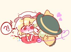 Rule 34 | !?, 2girls, :&lt;, @ @, black hat, blonde hair, blush, bow, chibi, chibi only, closed eyes, commentary, crystal, flandre scarlet, frilled sleeves, frills, green hair, hat, hat bow, hat ribbon, heart, heart of string, kirby (tiokirby), kiss, kissing cheek, komeiji koishi, long sleeves, medium hair, mob cap, multiple girls, nose blush, puffy short sleeves, puffy sleeves, red eyes, red ribbon, red skirt, red vest, ribbon, shirt, short sleeves, simple background, skirt, speech bubble, spoken interrobang, symbol-only commentary, third eye, touhou, trembling, v arms, vest, white hat, white shirt, wide sleeves, wings, yellow bow, yellow ribbon, yellow shirt, yuri