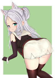 Rule 34 | 1girl, :3, all fours, animal ears, ass, azur lane, bare shoulders, bent over, black gloves, black vest, blush, cat ears, cat girl, commentary request, dedorudy, dress, elbow gloves, fingerless gloves, from behind, gloves, green eyes, half-closed eyes, highres, kneeling, long hair, looking at viewer, looking back, open clothes, open vest, panties, panty peek, pantyshot, see-through, see-through dress, short dress, sims (azur lane), sleeveless, sleeveless dress, slit pupils, solo, string panties, thighhighs, thighs, underwear, unzipped, upskirt, very long hair, vest, white dress, white hair, wrist cuffs