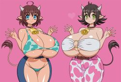 Rule 34 | 2girls, ahoge, akiranime, animal ears, animal print, animated, animated gif, arms up, bare arms, bare shoulders, bell, bikini, black hair, blue bikini, bovine, bra, breasts, brown hair, choker, cleavage, collar, collarbone, cow ears, cow girl, cow horns, cow print, cow tail, cowbell, dark-skinned female, dark skin, gigantic breasts, grabbing, green eyes, guinea, hair between eyes, heart, horns, huge ahoge, huge breasts, ishuzoku reviewers, looking at viewer, midriff, milky (ishuzoku reviewers), minotaur, multiple girls, neck bell, o-ring, o-ring top, open mouth, pants, pink background, plump, purple eyes, short hair, sidelocks, simple background, smile, strapless, swimsuit, tail, underboob, underwear, upper body