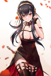 Rule 34 | 1girl, absurdres, artist request, black dress, black hair, black thighhighs, breasts, cleavage, dagger, dress, highres, knife, long hair, looking at viewer, red eyes, solo, spy x family, stiletto (weapon), thighhighs, weapon, yor briar