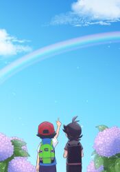 Rule 34 | 2boys, arm up, ash ketchum, backpack, bag, black hair, black pants, blue vest, cloud, commentary request, creatures (company), day, flower, from behind, game freak, goh (pokemon), green bag, grey shirt, hat, highres, hydrangea, index finger raised, male focus, multiple boys, nintendo, outdoors, pants, pointing, pokemon, pokemon (anime), pokemon journeys, pokesumomo, rainbow, red hat, shirt, short sleeves, sky, t-shirt, vest, water drop, white shirt