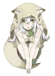 Rule 34 | 1girl, animal skin hat, bare shoulders, breasts, fangs, fingernails, from above, full body, hair between eyes, hood, hoodie, kneeling, long fingernails, long hair, looking up, mattaku mousuke, medium breasts, open mouth, original, own hands together, pointy ears, scar, simple background, sitting, solo, tail, white background, white hair, yellow eyes