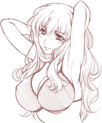 Rule 34 | 00s, 1girl, armpits, arms behind head, bikini, breasts, chipa (arutana), cleavage, covered erect nipples, huge breasts, kusui aruta, large breasts, long hair, macross, macross frontier, monochrome, sheryl nome, simple background, sketch, smile, solo, swimsuit, underboob, wavy hair