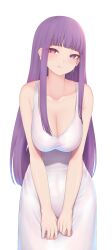 Rule 34 | 1girl, :t, bare arms, bare shoulders, blunt bangs, blush, breasts, closed mouth, collarbone, cowboy shot, dress, fern (sousou no frieren), highres, large breasts, long hair, looking at viewer, nikuku (kazedesune), pout, purple eyes, purple hair, sidelocks, simple background, sleeveless, sleeveless dress, solo, sousou no frieren, very long hair, white background, white dress