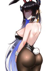 Rule 34 | 1girl, animal ears, ass, back, bare shoulders, black hair, breasts, cipher4109, colored inner hair, commentary, cowboy shot, english commentary, from behind, glaring, hair ornament, heart, heart-shaped pupils, highres, hololive, hololive english, large breasts, leotard, long hair, looking at viewer, looking back, mole, mole on shoulder, mole under eye, multicolored hair, nerissa ravencroft, pantyhose, playboy bunny, rabbit ears, rabbit tail, shaded face, sideboob, simple background, solo, symbol-shaped pupils, tail, very long hair, virtual youtuber, white background