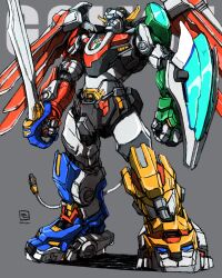 Rule 34 | absurdres, golion (mecha), highres, holding, holding sword, holding weapon, hyakujuu-ou golion, jaws, lion, mecha, mechanical wings, moyan, no humans, redesign, robot, science fiction, super robot, sword, tail, voltron: legendary defender, voltron (mecha), voltron (series), weapon, wings