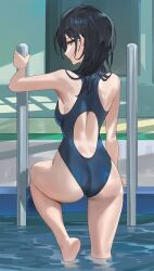 Rule 34 | 1girl, ass, back, back cutout, bare arms, bare shoulders, barefoot, black eyes, black hair, blue one-piece swimsuit, borrowed character, clothing cutout, competition swimsuit, from behind, highres, hood (james x), looking at viewer, looking back, medium hair, one-piece swimsuit, original, pool, pool ladder, solo, swimsuit, thighs, water