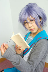Rule 34 | blue hair, book, cardigan, cosplay, glasses, kneehighs, koubou tokori, nagato yuki, photo (medium), sailor, school uniform, serafuku, socks, suzumiya haruhi no yuuutsu