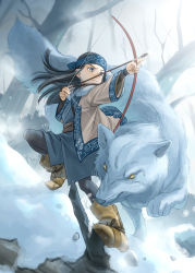 Rule 34 | 10s, 1girl, ainu clothes, artist request, asirpa, bow (weapon), earrings, golden kamuy, hoop earrings, jewelry, outdoors, retar, snow, weapon, wolf
