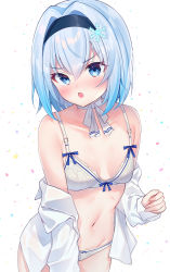 Rule 34 | 1girl, :o, bare shoulders, black hairband, blue eyes, blue hair, blush, bow, bow bra, bow panties, bra, collarbone, commentary request, groin, gyozanuko, hair between eyes, hair intakes, hair ornament, hairband, highres, long sleeves, looking at viewer, navel, off shoulder, open clothes, open shirt, panties, parted lips, ryuuou no oshigoto!, shirt, short sleeves, sleeves past wrists, snowflake hair ornament, solo, sora ginko, standing, underwear, v-shaped eyebrows, white background, white bra, white panties, white shirt