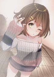 Rule 34 | 1girl, absurdres, brown hair, collarbone, cowboy shot, dutch angle, hair ornament, hairclip, hand in own hair, highres, hirasawa yui, huge filesize, indoors, k-on!, knit sweater, meemz a, off-shoulder sweater, off shoulder, one eye closed, shadow, short hair, single bare shoulder, sleeves past wrists, solo, standing, sweater, wooden floor