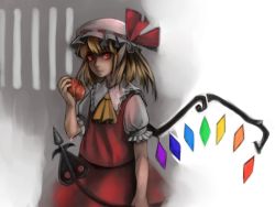 Rule 34 | 1girl, aged up, blonde hair, crystal, dress, female focus, flandre scarlet, holding, laevatein, looking at viewer, mugishima orie, pointy ears, puffy short sleeves, puffy sleeves, rainbow order, red dress, red eyes, short sleeves, simple background, solo, stick, tomato, touhou, white background, wings