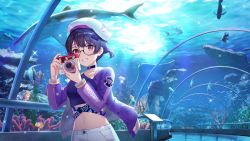 Rule 34 | 1girl, aquarium, aquarium tunnel, beret, black-framed eyewear, black choker, breasts, camera, choker, collarbone, crop top, girl cafe gun, glasses, grin, hands up, hat, highres, holding, indoors, iritoa, jacket, long sleeves, looking at viewer, medium breasts, midriff, navel, official art, open clothes, open jacket, purple hair, purple jacket, purple shirt, red eyes, round eyewear, shi wuyou, shirt, short hair, shorts, smile, solo, stomach, upper body, white hat, white shorts, wide shot