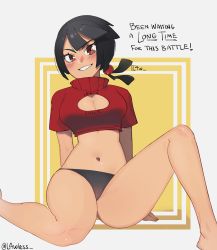 Rule 34 | 1girl, absurdres, alternate costume, arm support, arms behind back, artist name, black hair, black panties, blush, breasts, brown eyes, cameltoe, cleavage, cleavage cutout, clothing cutout, commentary, creatures (company), crop top, english text, eyelashes, game freak, highres, knees, l4wless, navel, nintendo, panties, pokemon, pokemon oras, short ponytail, short sleeves, signature, smile, solo, spread legs, underwear, zinnia (pokemon)