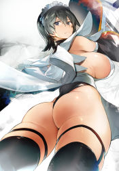 Rule 34 | 1girl, absurdres, artist request, ass, ass focus, black eyes, black hair, black leotard, black thighhighs, breasts, choker, cleavage, curvy, highleg, highleg leotard, highres, holding, holding weapon, huge ass, huge breasts, iroha (samurai spirits), leotard, looking back, looking to the side, maid, maid headdress, samurai spirits, short hair, sideboob, simple background, solo, thighhighs, thong leotard, weapon, white background