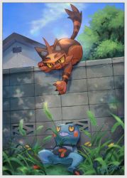 Rule 34 | border, building, claws, cloud, commentary request, creatures (company), croagunk, day, eye contact, fang, game freak, gen 4 pokemon, gen 7 pokemon, grass, highres, holding, kikuyoshi (tracco), leaf, looking at another, nintendo, no humans, open mouth, outdoors, pokemon, pokemon (creature), sky, torracat, wall
