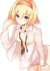 Rule 34 | 1girl, alice margatroid, blonde hair, blue eyes, blush, breasts, chiruru96, dress shirt, hairband, long sleeves, looking at viewer, necktie, open clothes, open shirt, parted lips, shirt, short hair, simple background, solo, touhou, white background, white shirt