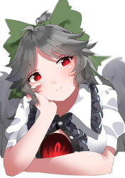 Rule 34 | 1girl, absurdres, ahoge, arm rest, bird wings, black wings, blouse, blush, bow, breasts, buttons, center frills, center opening, closed mouth, collared shirt, elbow rest, frilled shirt collar, frills, green bow, grey hair, hair bow, hand on own cheek, hand on own face, head rest, head tilt, high ponytail, highres, large breasts, leaning forward, looking at viewer, ninniku (mfu7324), partially unbuttoned, red eyes, reiuji utsuho, shirt, short sleeves, smile, solo, third eye, touhou, upper body, wing collar, wings