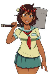 Rule 34 | 1girl, ajna (indivisible), axe, beads, breasts, brown eyes, brown hair, cowboy shot, dark skin, dark-skinned female, greenmarine, hair ornament, highres, indivisible, over shoulder, pleated skirt, school uniform, serafuku, short hair, skirt, smile, solo, weapon, weapon over shoulder, white background