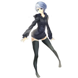 Rule 34 | 1girl, aerlai, black thighhighs, blue eyes, dress, dysfunctional systems, highres, hood, hoodie, no pants, short hair, solo, sweater, sweater dress, thighhighs, white hair, winter harrison