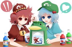 Rule 34 | !, !!, 2girls, :o, arano oki, arm rest, blouse, blue eyes, blue hair, bottle, cup, female focus, food, hair bobbles, hair ornament, hat, heart, kappa, kawashiro mitori, kawashiro nitori, key, lock, multiple girls, open mouth, puffy short sleeves, puffy sleeves, red eyes, red hair, shaved ice, shirt, short hair, short sleeves, side ponytail, simple background, speech bubble, spoken heart, table, touhou, white background
