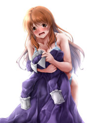 Rule 34 | 13enter, 1girl, asahina mikuru, blue bra, blue panties, blush, bra, breasts, brown eyes, brown hair, cleavage, dress, embarrassed, highres, holding, holding clothes, large breasts, long hair, long sleeves, looking at viewer, open mouth, panties, purple dress, simple background, solo, standing, suzumiya haruhi no yuuutsu, underwear, underwear only, unworn clothes, white background