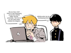 Rule 34 | 2boys, black hair, blonde hair, blunt bangs, commentary, computer, english commentary, english text, gakuran, highres, kageyama shigeo, laptop, long sleeves, looking at another, male focus, mob psycho 100, mp100days, multiple boys, open mouth, own hands clasped, own hands together, reigen arataka, school uniform, short hair, simple background, smile, speech bubble, upper body, white background