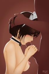 Rule 34 | 1boy, 1girl, acerbi, black ribbon, blush, breasts, brown background, brown hair, character request, choker, earrings, erection, closed eyes, fellatio, hand on another&#039;s head, hetero, jewelry, maid headdress, nipples, nude, oral, penis, ribbon, short hair, testicles, uncensored, watermark
