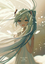 Rule 34 | 1girl, :d, anniversary, aqua eyes, aqua hair, artist name, bare shoulders, blush, breasts, character name, collarbone, commentary request, cowboy shot, detached wings, dress, floating hair, hair between eyes, hatsune miku, highres, long hair, looking at viewer, medium breasts, musical note, nokuhashi, number tattoo, open mouth, own hands clasped, own hands together, shoulder tattoo, sidelocks, sleeveless, sleeveless dress, smile, solo, standing, sundress, tattoo, twintails, very long hair, vocaloid, white dress, wings