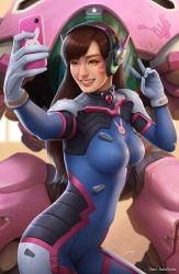 Rule 34 | 1girl, animal print, artist name, blue bodysuit, bodysuit, breasts, brown eyes, brown hair, character name, cowboy shot, d.va (overwatch), facepaint, facial mark, gloves, headphones, high collar, highres, impossible bodysuit, impossible clothes, lips, long hair, looking at phone, looking to the side, mecha, medium breasts, meka (overwatch), nose, overwatch, overwatch 1, phone, pilot suit, pink lips, rabbit print, realistic, ribbed bodysuit, robot, sam delatore, selfie, shoulder pads, signature, skin tight, smile, solo, swept bangs, teeth, v, whisker markings, white gloves
