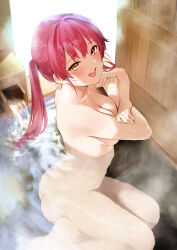 Rule 34 | 1girl, absurdres, ass, blush, breasts, commentary request, completely nude, from above, heterochromia, highres, hololive, houshou marine, long hair, looking at viewer, looking up, medium breasts, nude, onsen, open mouth, partially submerged, red eyes, red hair, ripples, sitting, smile, solo, steam, teeth, twintails, umakuchi shouyu, upper teeth only, virtual youtuber, water, water drop, wet, wooden wall, yellow eyes, yokozuwari