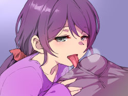 Rule 34 | 1boy, 1girl, boxers, bulge, collarbone, duke (inu daimyou), erection, erection under clothes, green eyes, hair ornament, hair scrunchie, hetero, licking, long hair, love live!, love live! school idol project, low ponytail, male underwear, nail polish, offscreen person, pink nails, purple hair, scrunchie, sleeves past wrists, tongue, tongue out, tojo nozomi, underwear