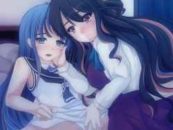 Rule 34 | 10s, 2girls, bare shoulders, black hair, blue eyes, blue hair, blush, breasts, brown eyes, clothes lift, dress, dress lift, dress shirt, hand on another&#039;s cheek, hand on another&#039;s face, kantai collection, long hair, multicolored hair, multiple girls, naganami (kancolle), neckerchief, onsen tamago (nurumayu onsen), open mouth, panties, pink hair, samidare (kancolle), shirt, sleeveless, sleeveless dress, spread legs, underwear, white dress, white panties, yuri