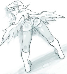 Rule 34 | 1girl, angel wings, ass, blue theme, blush, boots, breath of fire, breath of fire iv, capcom, crotch seam, dr.p, full body, hairband, monochrome, nina (breath of fire iv), panties, panties under pantyhose, pantyhose, short hair, simple background, sitting, solo, sweat, tongue, topless, torn clothes, torn pantyhose, underwear, wariza, white background, wings