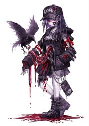 Rule 34 | 1girl, :&lt;, baseball cap, bird, blood, boots, collar, commentary request, crow, ear piercing, earrings, eyeball, fingerless gloves, full body, glasgow smile, gloves, guro, hair ornament, hand in pocket, hat, highres, intestines, jacket, jewelry, midriff, nail polish, necklace, original, pale skin, piercing, purple hair, red eyes, skirt, skull hair ornament, solo, spiked collar, spikes, standing, teeth, white background, yu-ki iwata