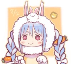 Rule 34 | 1girl, 1other, :&gt;, :3, animal ears, blue hair, blush, blush stickers, border, bow, braid, carrot hair ornament, commentary, dated, don-chan (usada pekora), face, food-themed hair ornament, gloves, hair between eyes, hair bow, hair ornament, hololive, kuro (kuroneko no kanzume), long hair, looking at viewer, multicolored hair, orange background, outside border, paw pose, rabbit ears, rabbit girl, red eyes, short eyebrows, sidelocks, solo focus, symbol-shaped pupils, thick eyebrows, twin braids, two-tone hair, usada pekora, virtual youtuber, white border, white gloves, white hair, | |