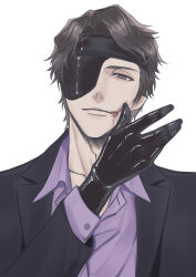 Rule 34 | 1boy, absurdres, aizen sousuke, black gloves, black jacket, bleach, blood, blood on face, blood on mouth, brown eyes, brown hair, cha quq, collarbone, collared shirt, eyepatch, gloves, highres, jacket, long sleeves, looking at viewer, male focus, parted bangs, purple shirt, shirt, smile, solo, upper body, white background, wiping blood